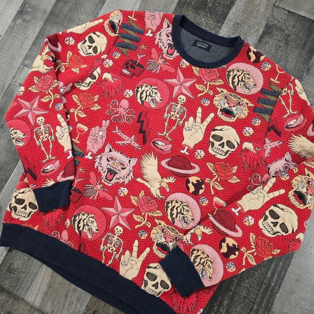 Vintage Zara Man Jacquard Tattoo Flash Skull Tiger Graphic Sweater Red Size M